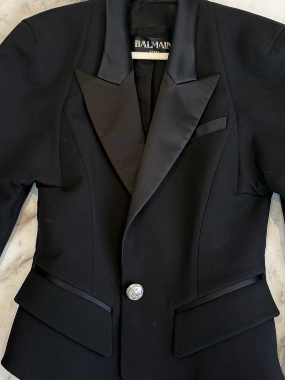BALMAIN Paris Black Wool Tuxedo Blazer Size 40 Power Shoulder Made France - Picture 11 of 11